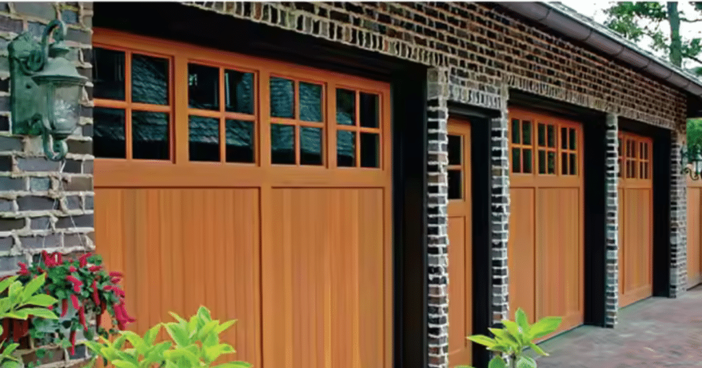 Three wood garage doors with window panes.