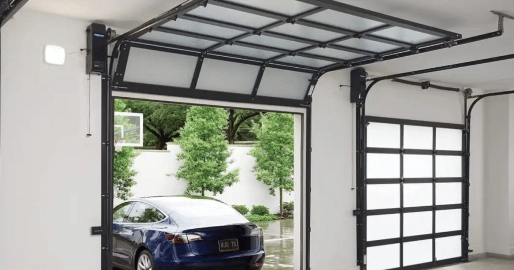 Glass-panel garage doors with blue car.